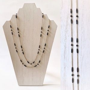 VTG Deco Style Gold Wash Sterling Black Bead Double Strand Necklace
